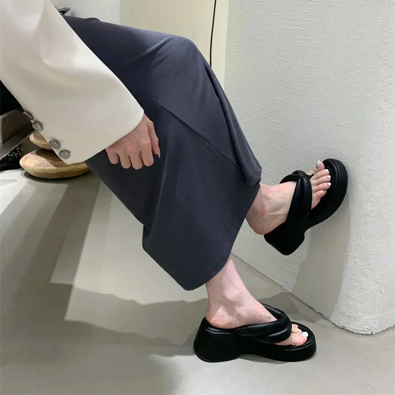 binfenxie Designer Summer Woman Slippers Fashion Clip Toe Platform Thick Heel Silvery Ladies Outdoor Beach Vacation Sandal Flip Flop