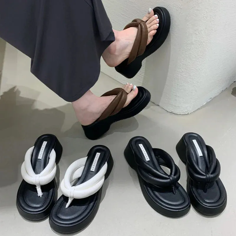 binfenxie Designer Summer Woman Slippers Fashion Clip Toe Platform Thick Heel Silvery Ladies Outdoor Beach Vacation Sandal Flip Flop