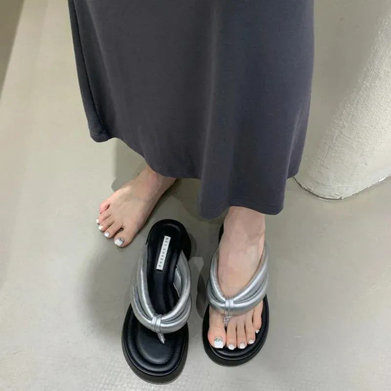 binfenxie Designer Summer Woman Slippers Fashion Clip Toe Platform Thick Heel Silvery Ladies Outdoor Beach Vacation Sandal Flip Flop