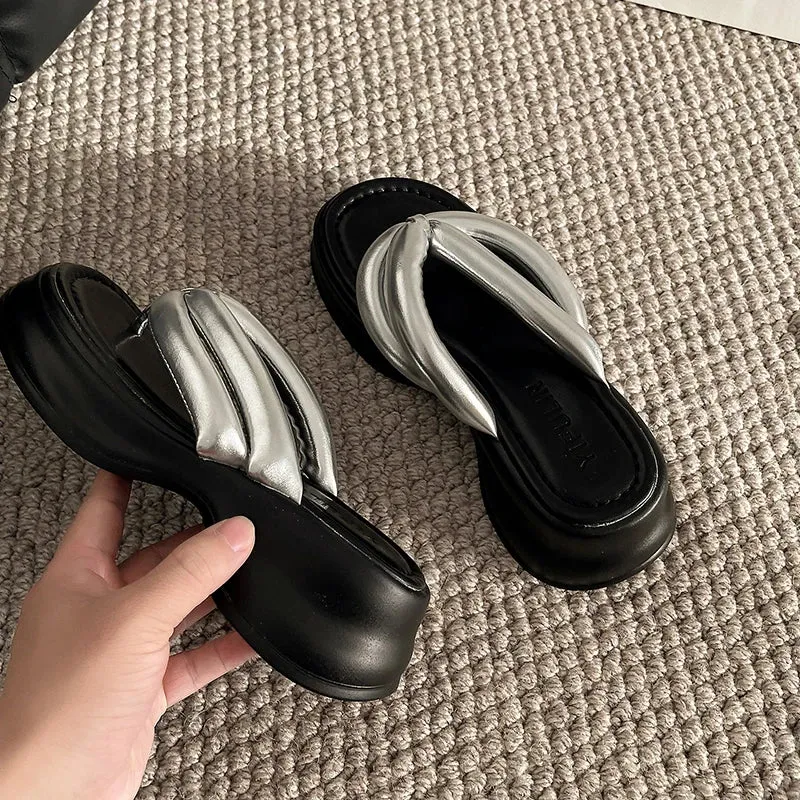 binfenxie Designer Summer Woman Slippers Fashion Clip Toe Platform Thick Heel Silvery Ladies Outdoor Beach Vacation Sandal Flip Flop