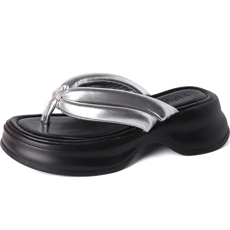 binfenxie Designer Summer Woman Slippers Fashion Clip Toe Platform Thick Heel Silvery Ladies Outdoor Beach Vacation Sandal Flip Flop