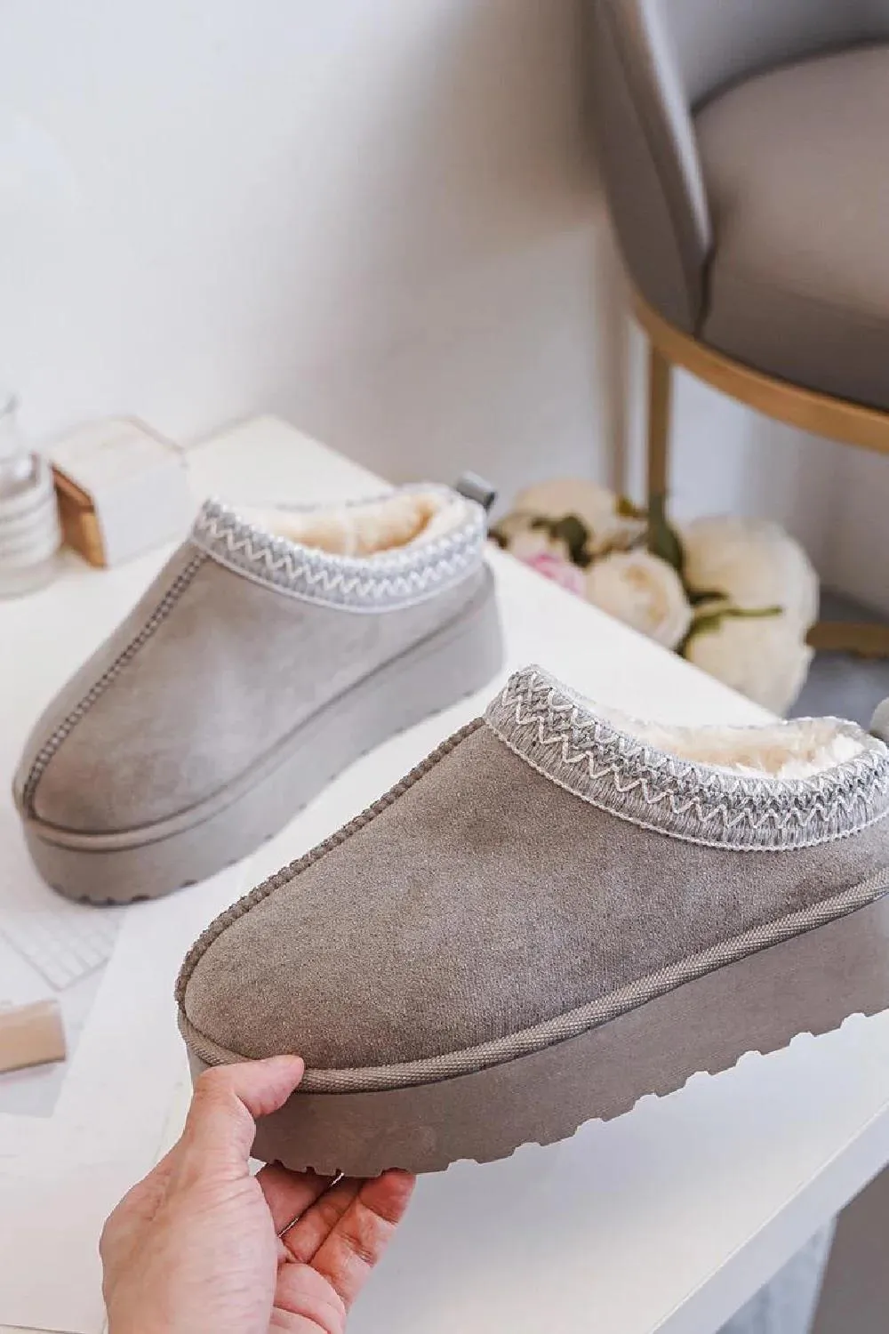House Of Sehrish 20219 Grey Fluffy Platform Slippers Faux Fur Lined Ankle Boots
