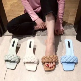 Low Heel Pu Square Toe Slippers