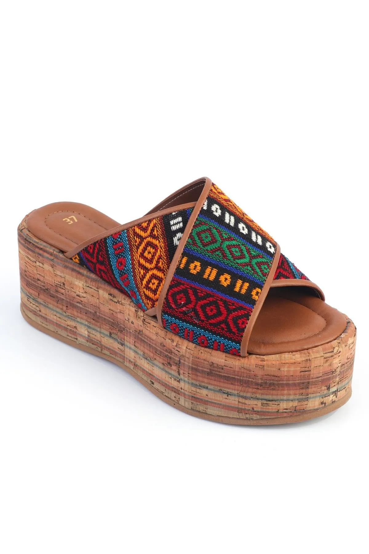 Women's Slippers with Cross Strap Padding Sole Kilim Patterned Woven Colorful