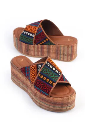 Women's Slippers with Cross Strap Padding Sole Kilim Patterned Woven Colorful